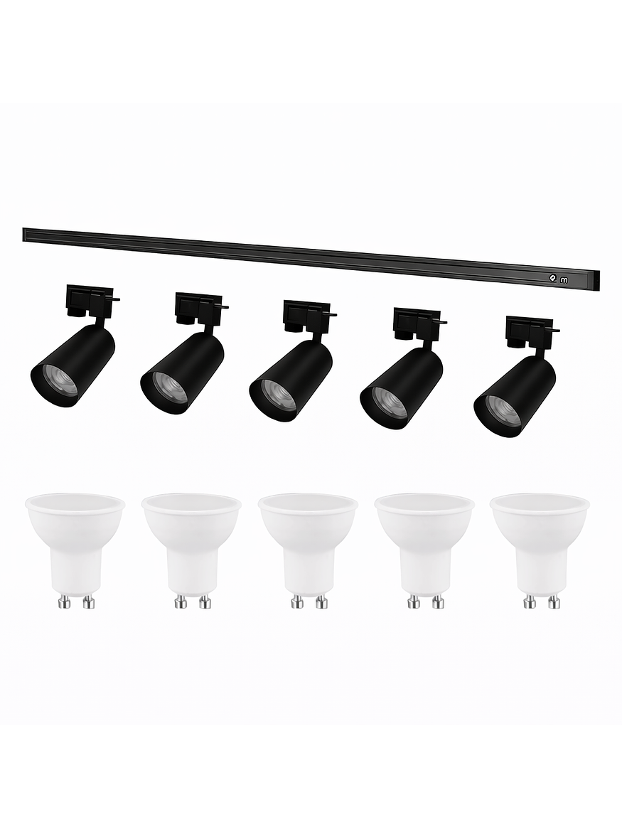 Kit Riel Monofásico Negro 2m 5 Focos GU10 Luz Cálida 1