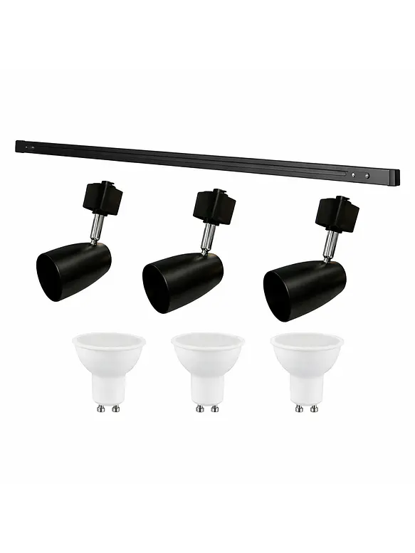 Kit Riel Monofásico Negro 1m 3 Focos GU10 Luz Cálida 1