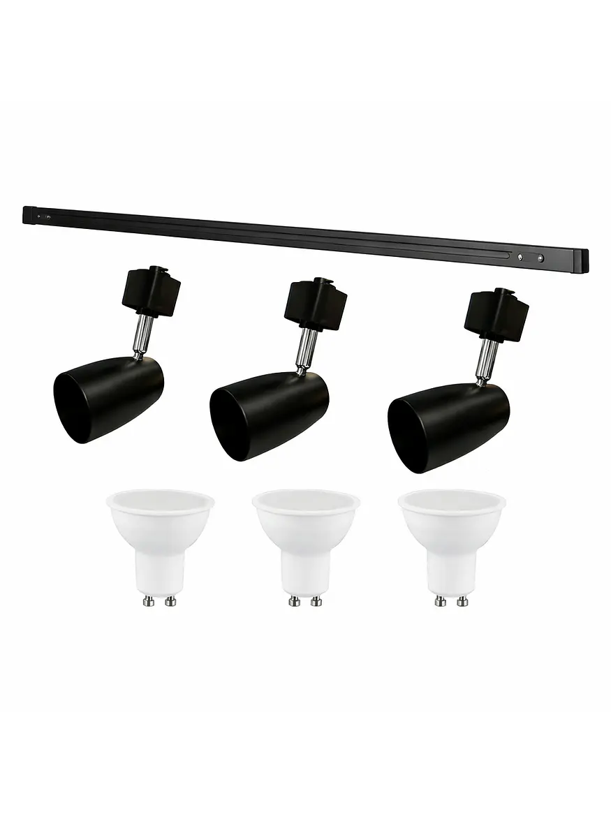 Kit Riel Monofásico Negro 1m 3 Focos GU10 Luz Cálida 1