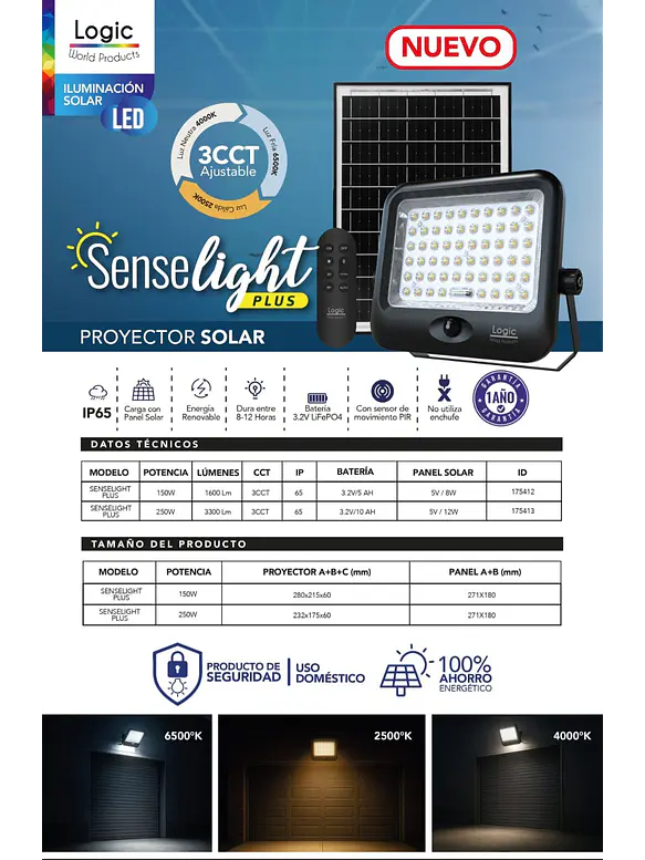 Proyector Solar LED 250W SenseLight Plus 3CCT Sensor Movimiento Control Remoto IP65 3