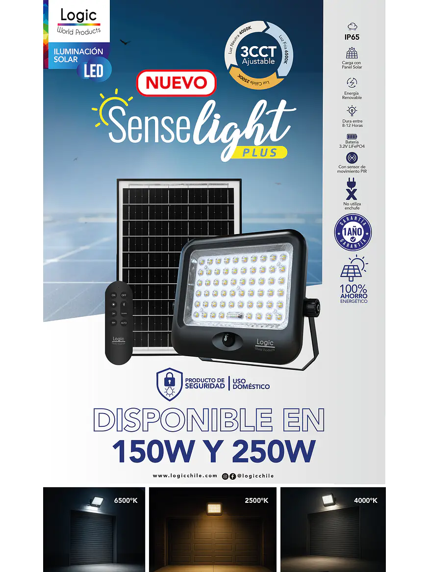 Proyector Solar LED 150W SenseLight Plus 3CCT Sensor Movimiento Control Remoto IP65 5