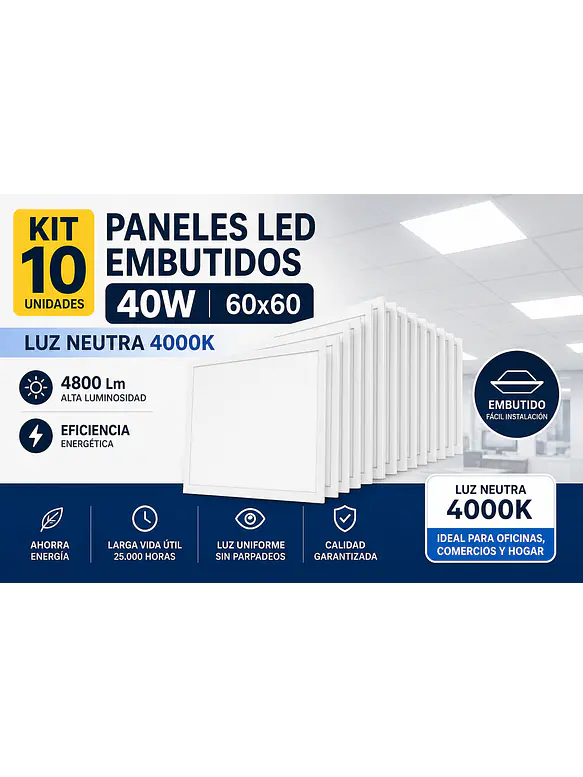 KIT 10 Paneles LED Embutidos 40W 60x60 Luz Neutra 4000K 4800Lm 1