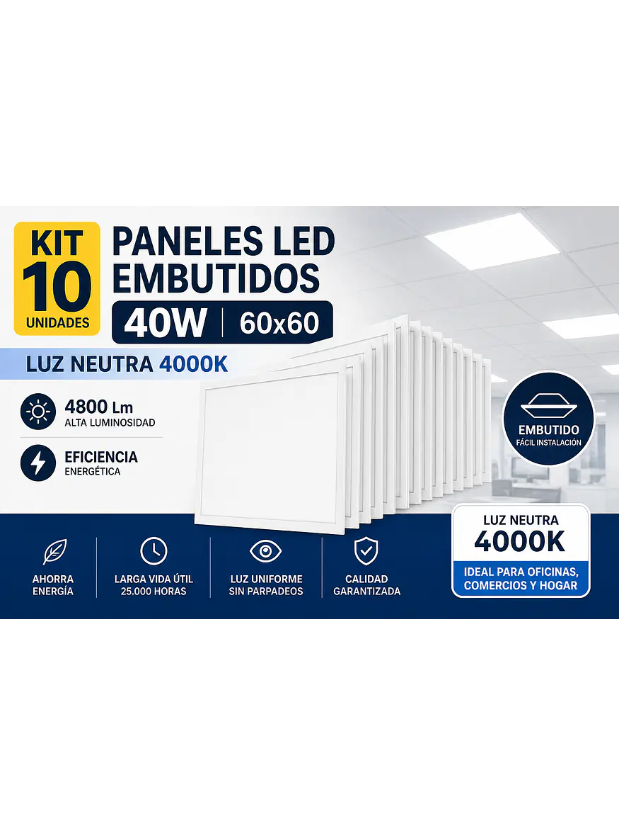 KIT 10 Paneles LED Embutidos 40W 60x60 Luz Neutra 4000K 4800Lm 1