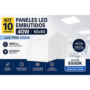 KIT 10 Paneles LED Embutidos 40W 60x60 Luz Fría 6500K 4800Lm