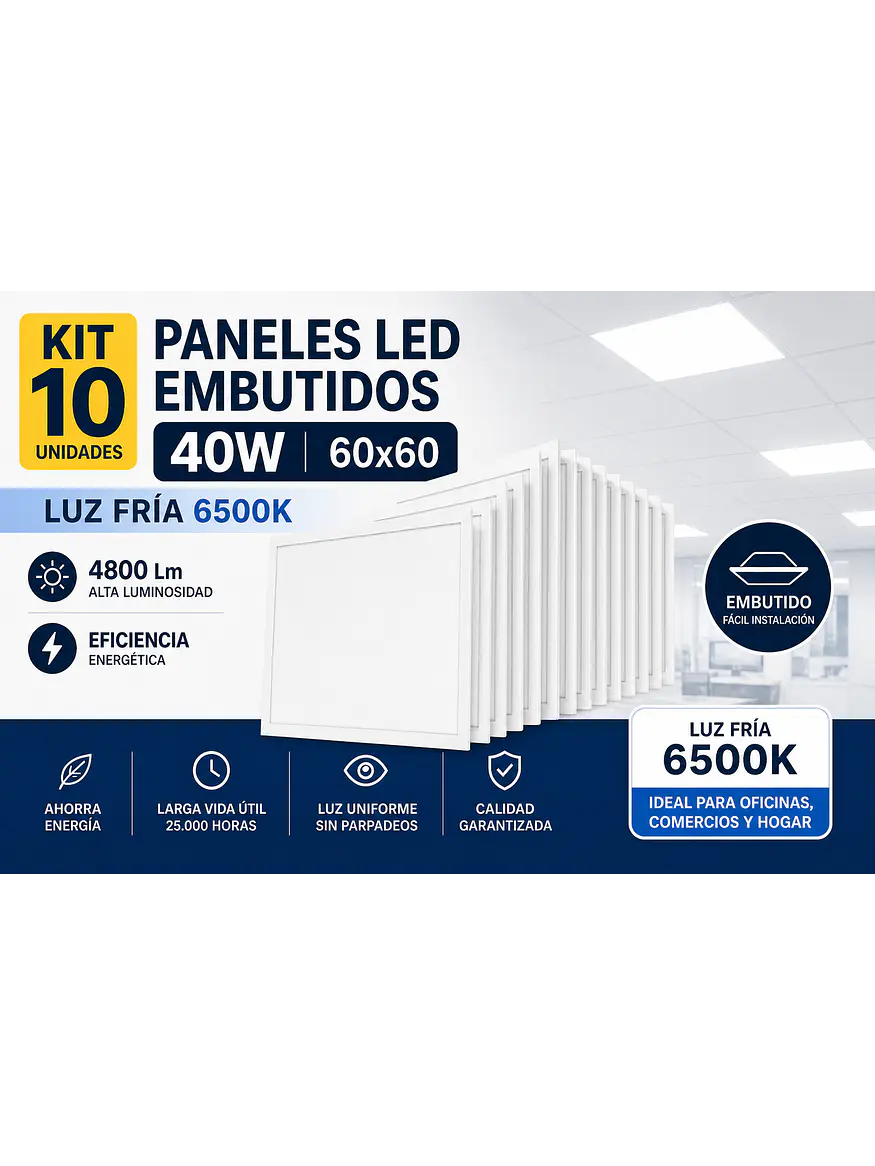 KIT 10 Paneles LED Embutidos 40W 60x60 Luz Fría 6500K 4800Lm 1