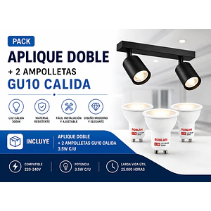 KIT Aplique Doble Muro Negro ROBLAN + 2 Ampolletas GU10 3,5W Luz Cálida