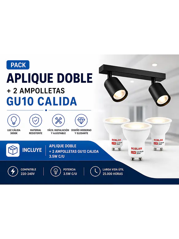 KIT Aplique Doble Muro Negro ROBLAN + 2 Ampolletas GU10 3,5W Luz Cálida 1