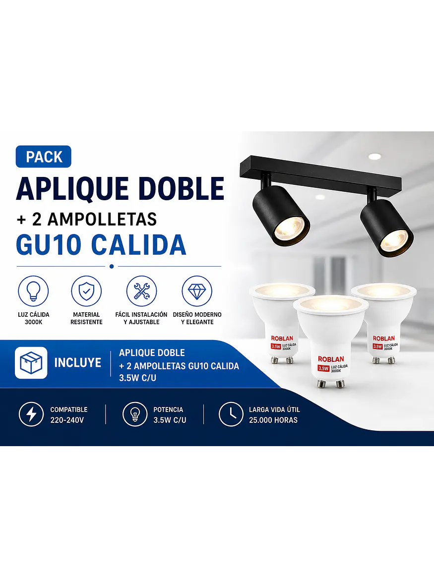 KIT Aplique Doble Muro Negro ROBLAN + 2 Ampolletas GU10 3,5W Luz Cálida 1