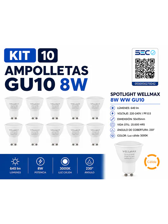 KIT 10 Ampolletas LED GU10 8W 3000K 720Lm WELLMAX 1