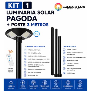 KIT Luminaria Solar Pagoda 150W + Poste Metálico 3 Metros IP65