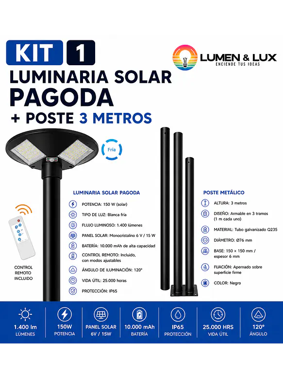 KIT Luminaria Solar Pagoda 150W + Poste Metálico 3 Metros IP65 1