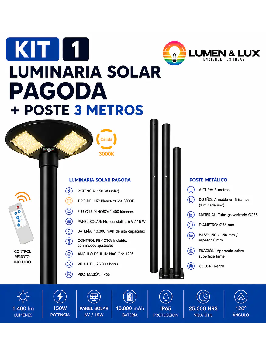 KIT Luminaria Solar Pagoda 150W Luz Cálida 3000K + Poste 3 Metros IP65 1