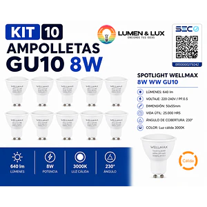 KIT 10 Ampolletas LED GU10 8W 3000K 720Lm WELLMAX
