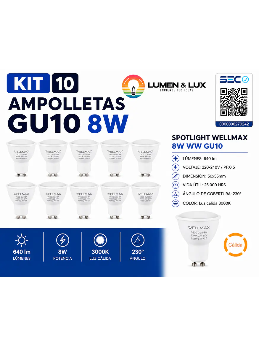 KIT 10 Ampolletas LED GU10 8W 3000K 720Lm WELLMAX 1