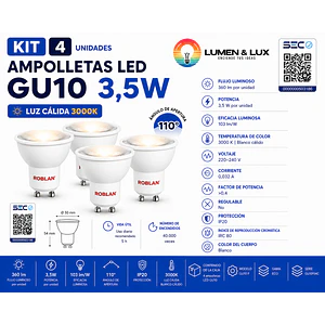 KIT 4 Ampolletas LED GU10 3,5W Luz Cálida 3000K 360Lm ROBLAN