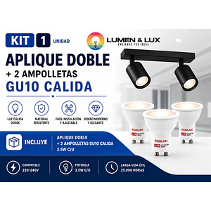 KIT Aplique Doble Muro Negro ROBLAN + 2 Ampolletas GU10 3,5W Luz Cálida