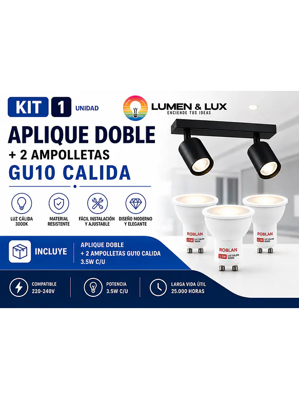 KIT Aplique Doble Muro Negro ROBLAN + 2 Ampolletas GU10 3,5W Luz Cálida 1