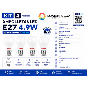 KIT 4 Ampolletas LED E27 5W 4000K Luz Neutra 470Lm ROBLAN Luz Neutra