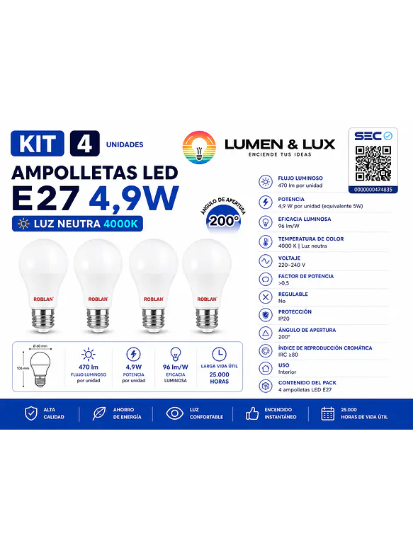 KIT 4 Ampolletas LED E27 5W 4000K Luz Neutra 470Lm ROBLAN Luz Neutra 1