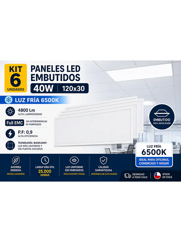 KIT 6 Paneles LED Backlight 40W 30x120 6500K Embutido 1