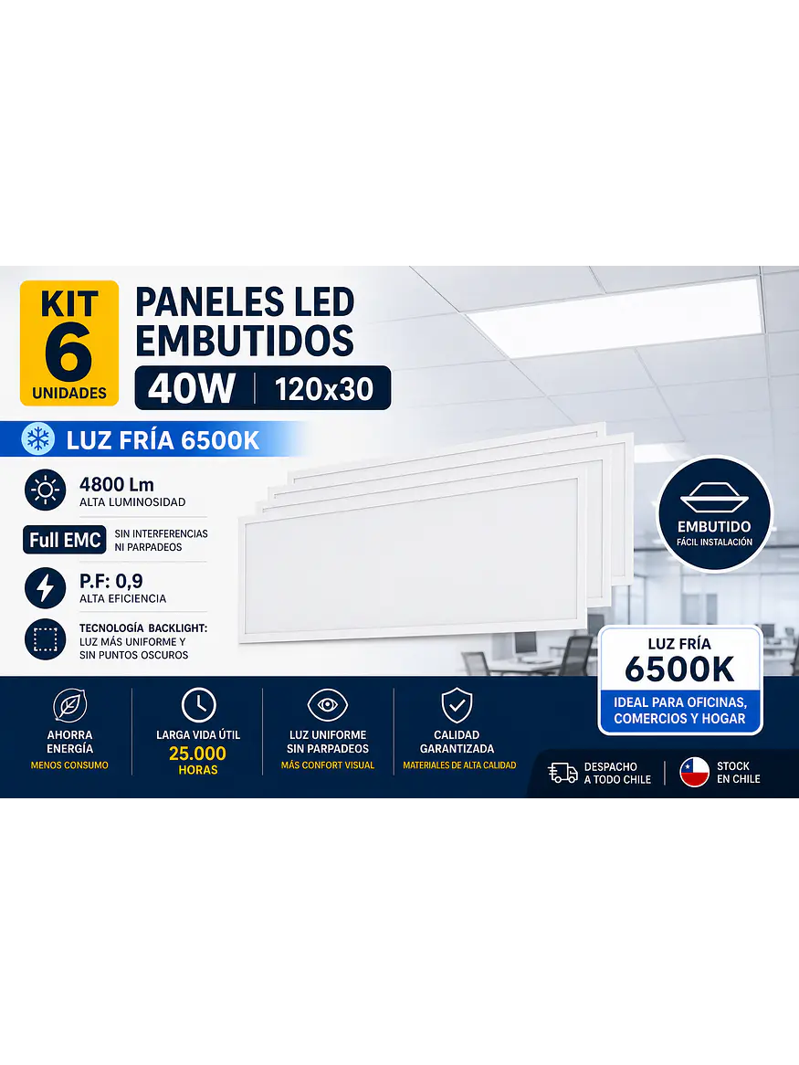KIT 6 Paneles LED Backlight 40W 30x120 6500K Embutido 1