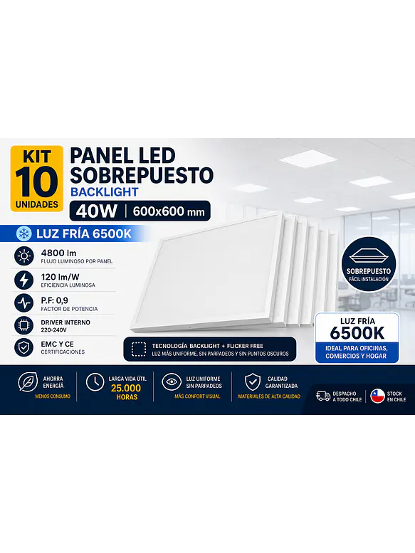 KIT 10 Paneles Sobrepuestos 40W 60x60 Luz Fría 6500K 1
