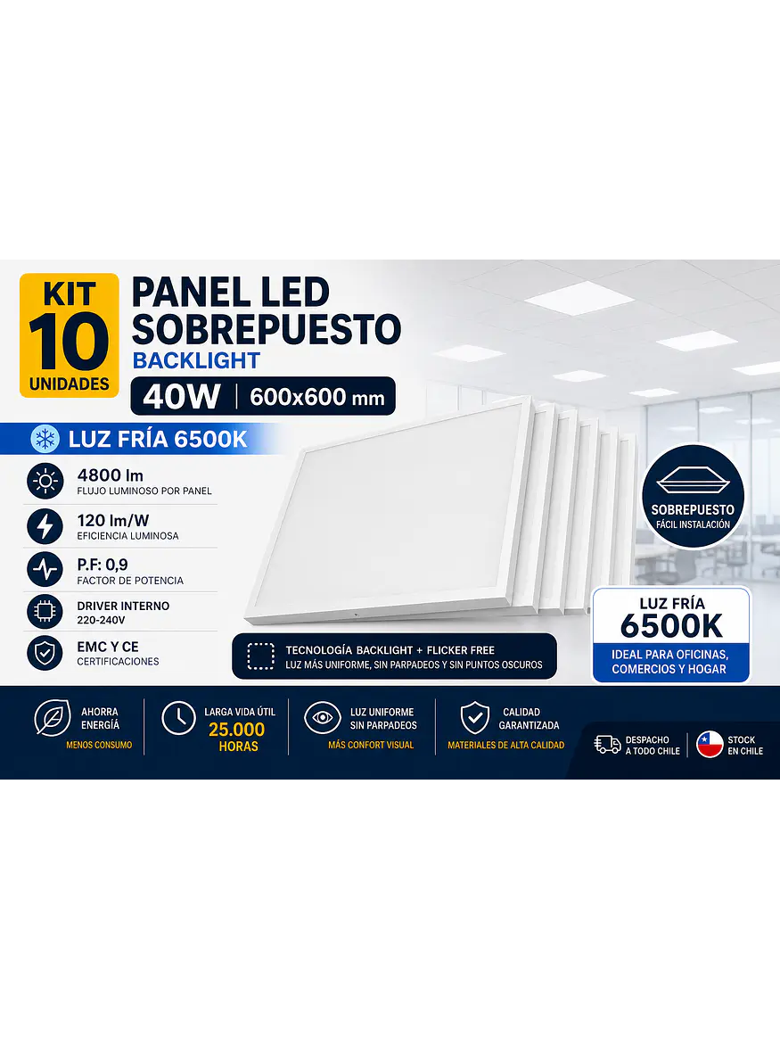 KIT 10 Paneles Sobrepuestos 40W 60x60 Luz Fría 6500K 1