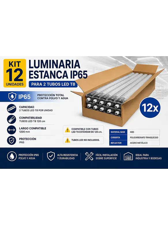 Kit 12 Luminarias Estancas IP65 2xT8 120cm 1