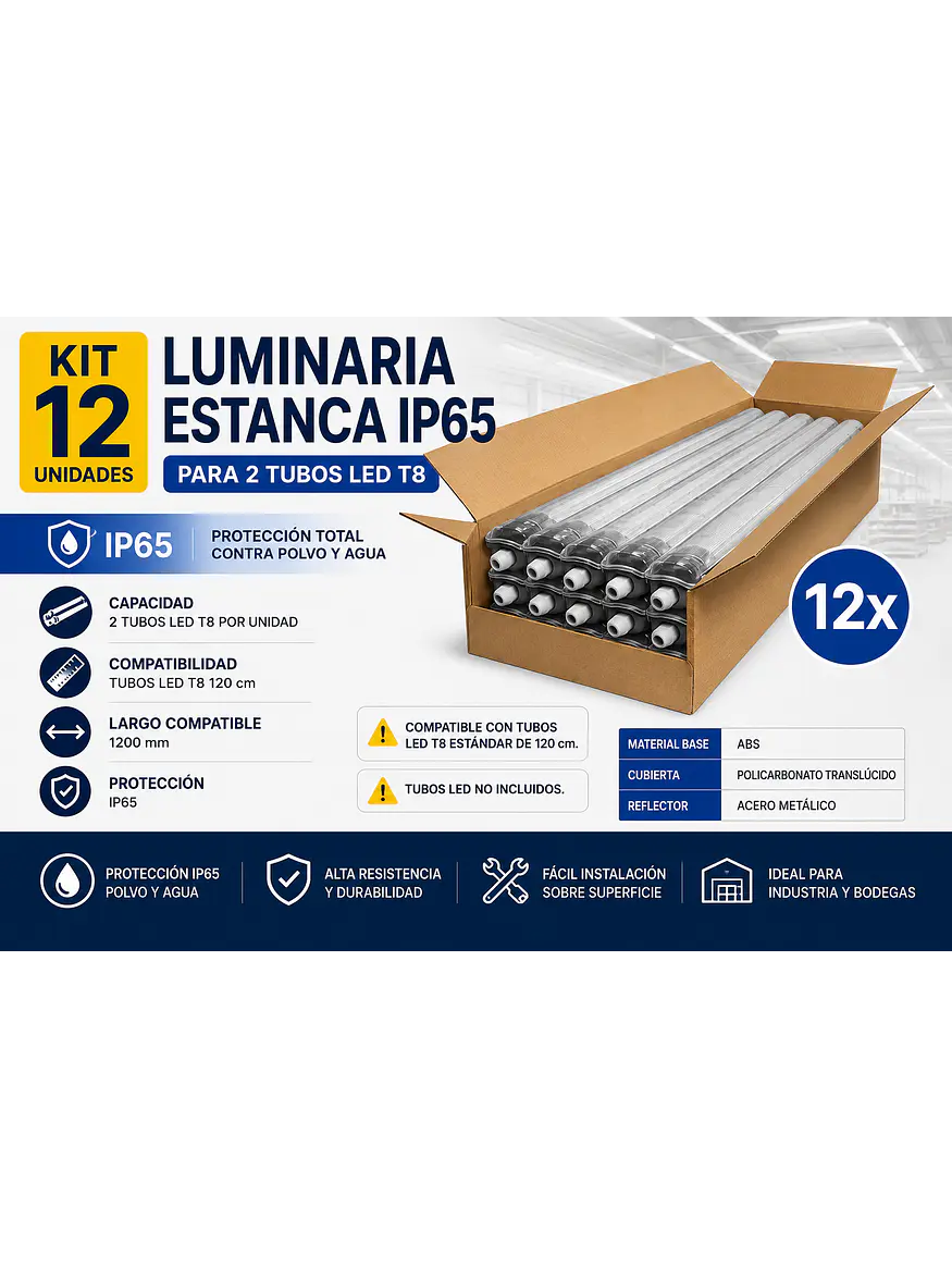 Kit 12 Luminarias Estancas IP65 2xT8 120cm 1