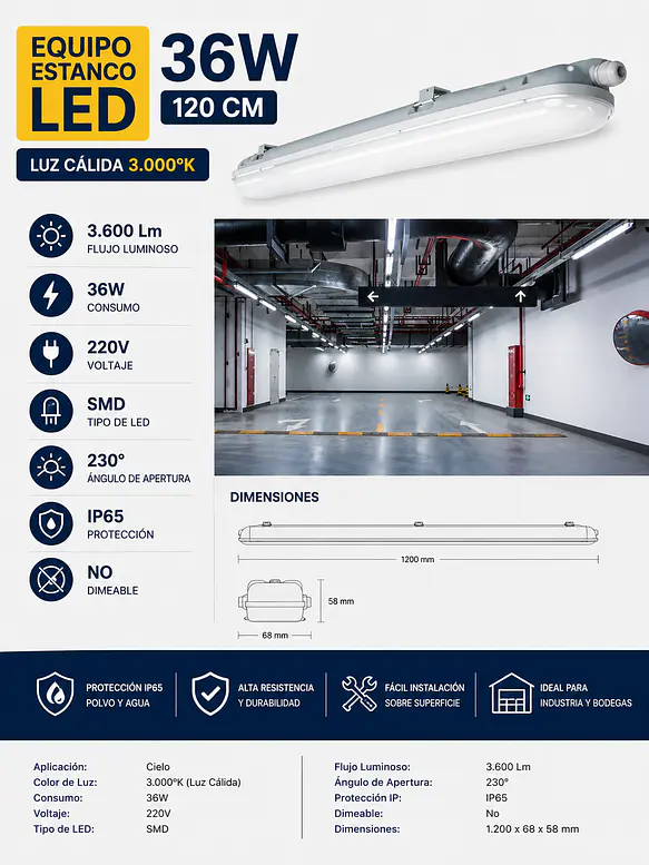 Equipo Estanco LED 36W Luz Cálida 3000K IP65 120cm 2
