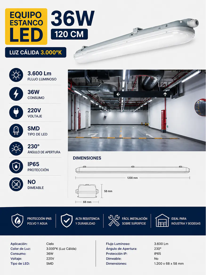 Equipo Estanco LED 36W Luz Cálida 3000K IP65 120cm 2
