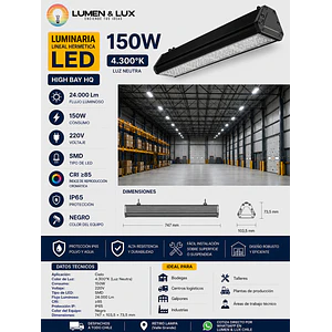 Luminaria Lineal Hermética LED High Bay 150W Luz Neutra 4300K IP65