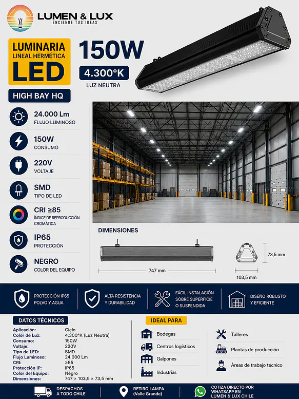 Luminaria Lineal Hermética LED High Bay 150W Luz Neutra 4300K IP65 2