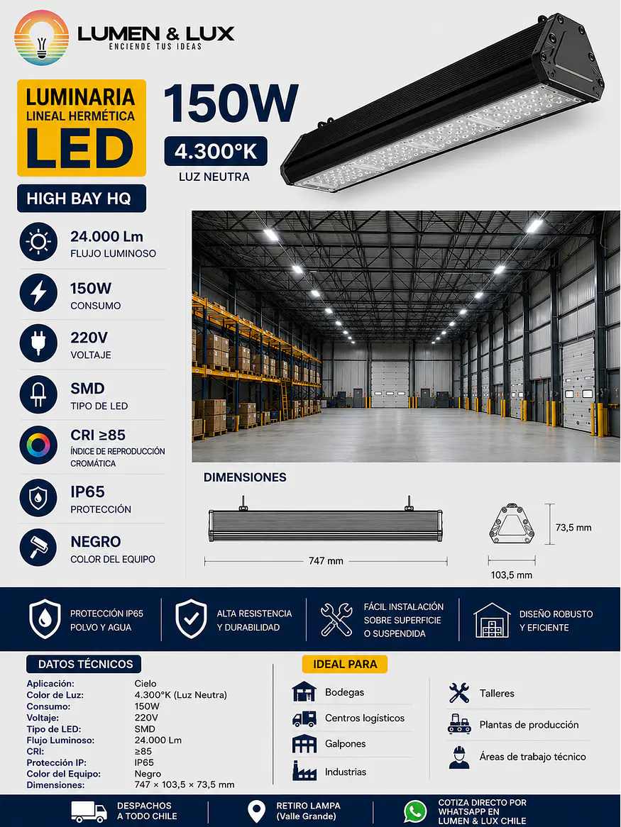 Luminaria Lineal Hermética LED High Bay 150W Luz Neutra 4300K IP65 2