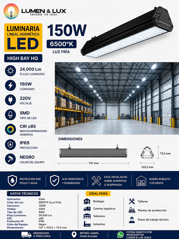 Luminaria Lineal Hermética LED High Bay 150W Luz Fria 6500K IP65 2