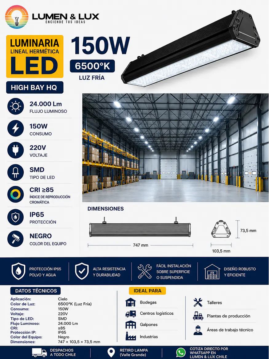 Luminaria Lineal Hermética LED High Bay 150W Luz Fria 6500K IP65 2