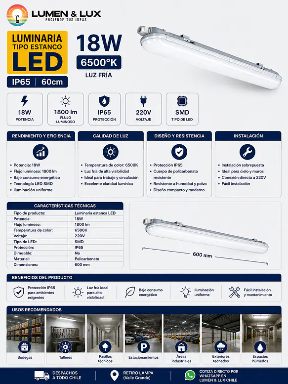 Luminaria Estanco LED 18W Luz Fria 6500K IP65 60cm 2