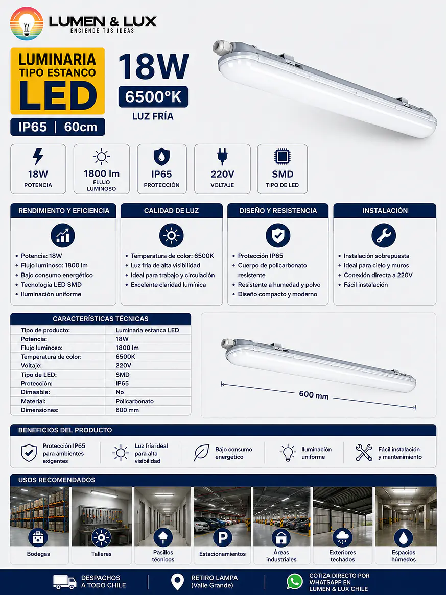 Luminaria Estanco LED 18W Luz Fria 6500K IP65 60cm 2