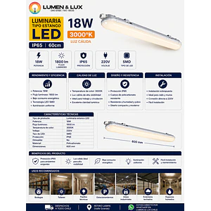 Equipo Estanco LED 18W Luz Cálida 3000K IP65 60cm