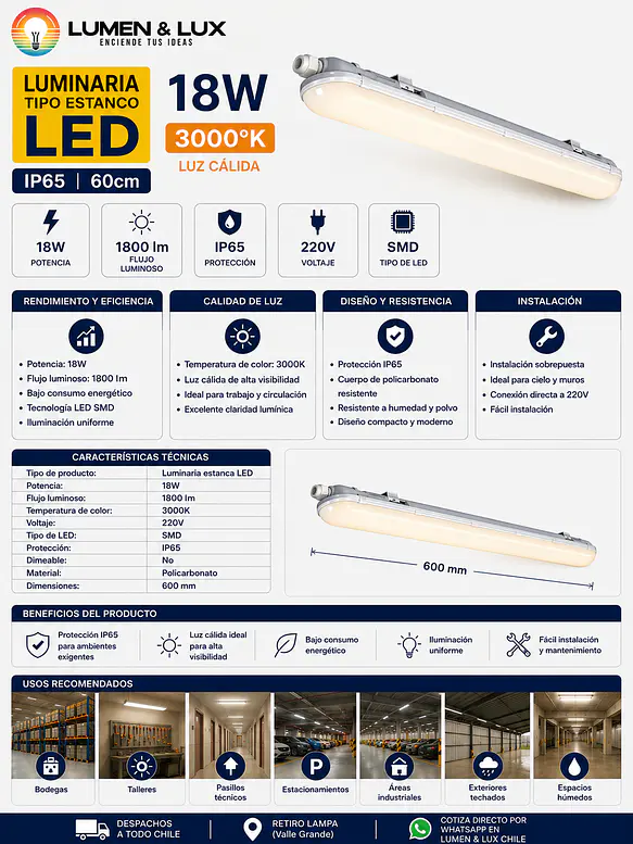 Luminaria Estanco LED 18W Luz Cálida 3000K IP65 60cm 2