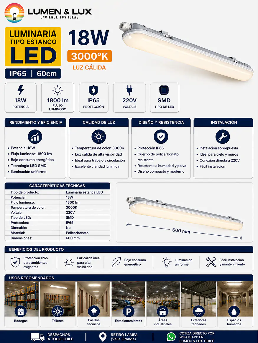 Luminaria Estanco LED 18W Luz Cálida 3000K IP65 60cm 2