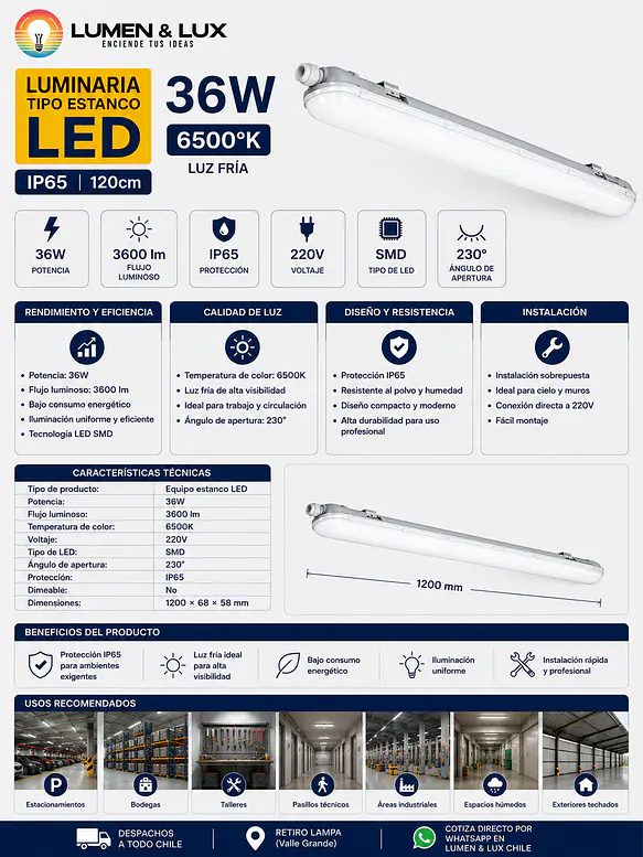 Equipo Estanco LED 36W Luz Fria 6500K IP65 120cm 2