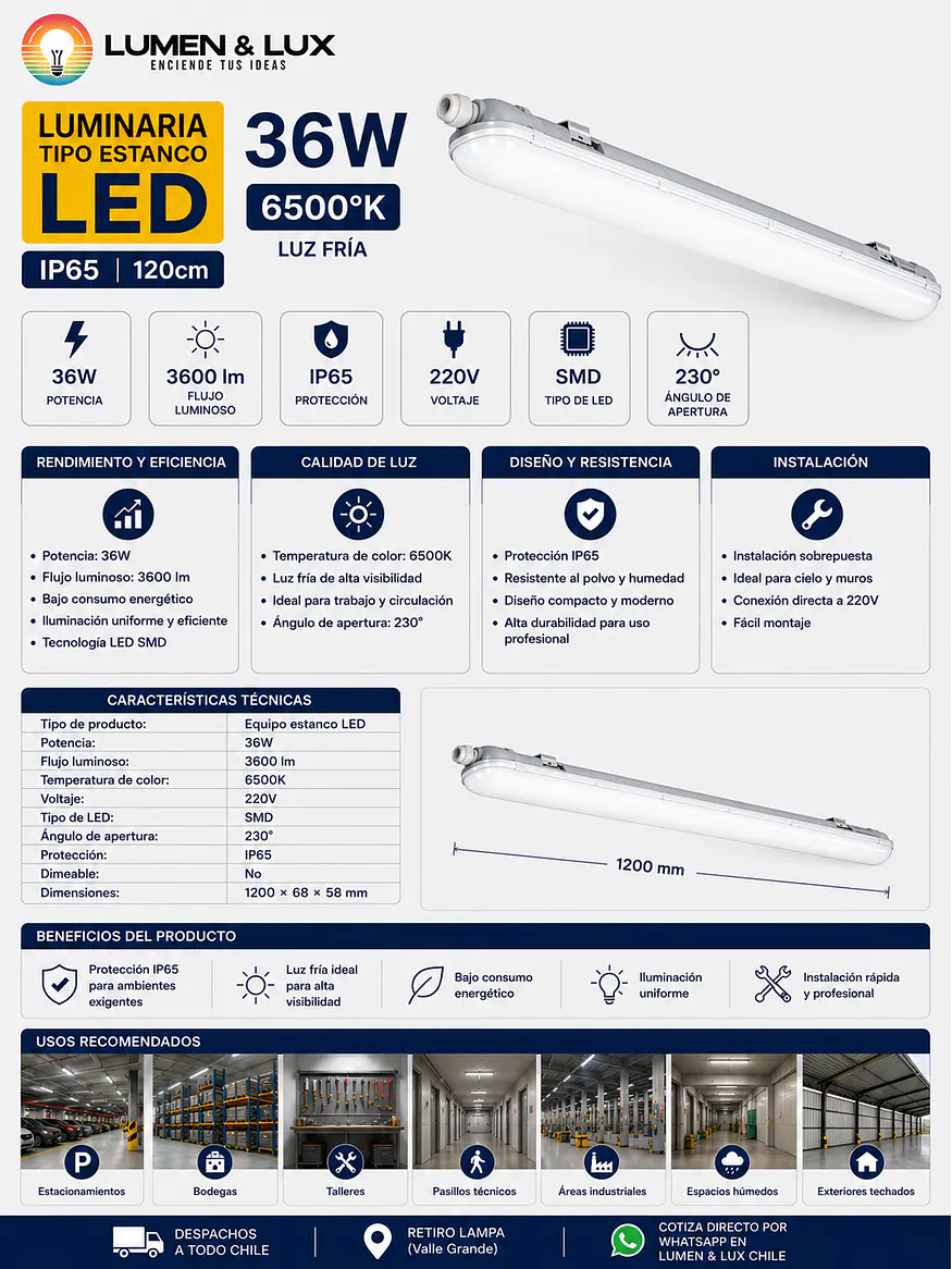 Equipo Estanco LED 36W Luz Fria 6500K IP65 120cm 2
