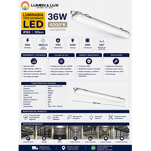 Equipo Estanco LED 36W Luz Neutra 4000K IP65 120cm