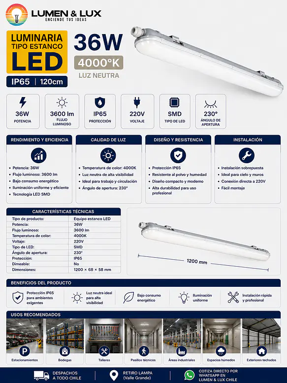 Equipo Estanco LED 36W Luz Neutra 4000K IP65 120cm 2