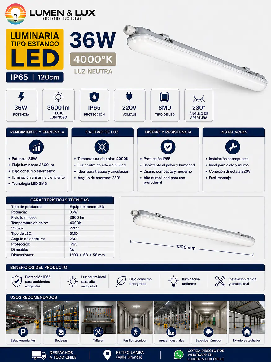 Equipo Estanco LED 36W Luz Neutra 4000K IP65 120cm 2