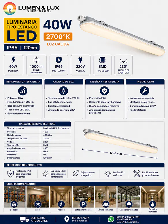 Equipo Estanco LED 40W Luz Cálida 2700K IP65 120cm 2