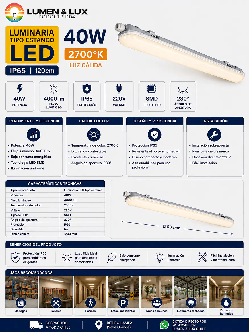 Equipo Estanco LED 40W Luz Cálida 2700K IP65 120cm 2