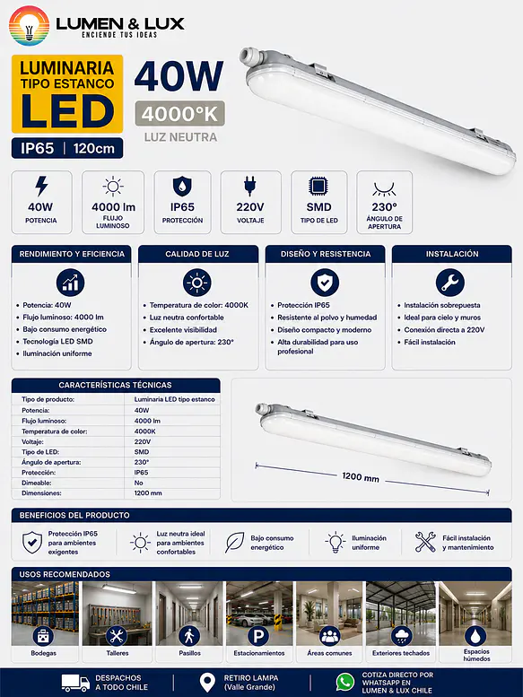 Equipo Estanco LED 40W Luz Neutra 4000K IP65 120cm 2