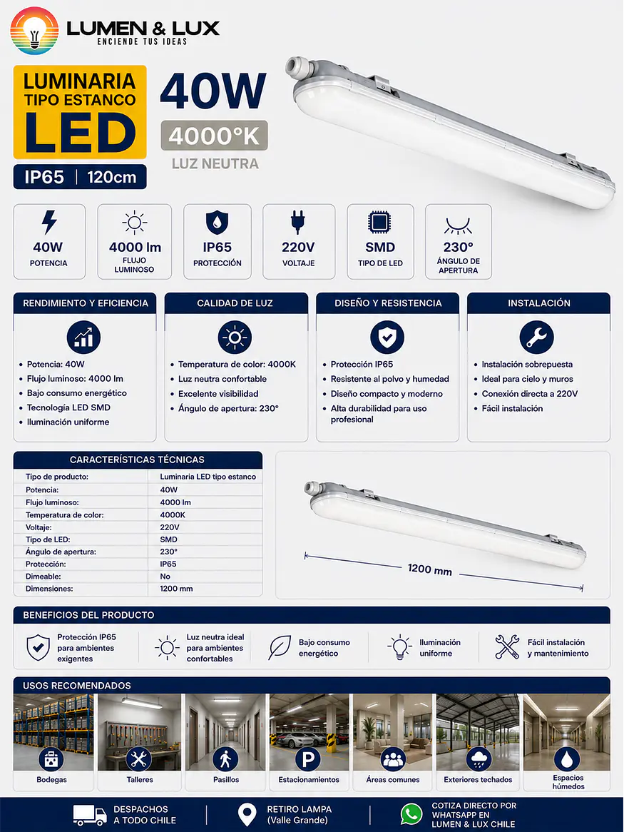 Equipo Estanco LED 40W Luz Neutra 4000K IP65 120cm 2